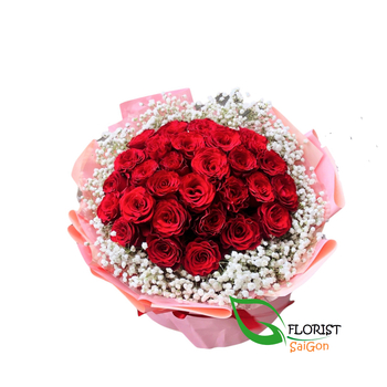 Red rose and baby breath bouquet