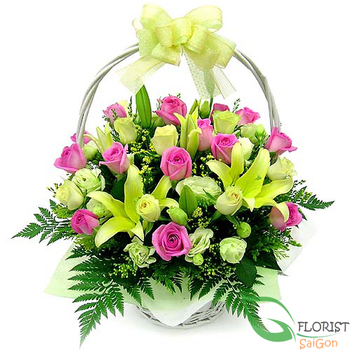 Basket of roses and lilies