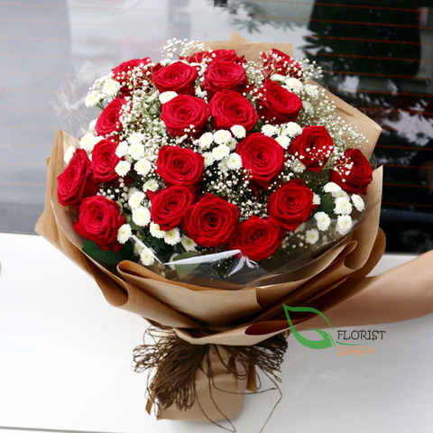Red roses and baby breath bouquet