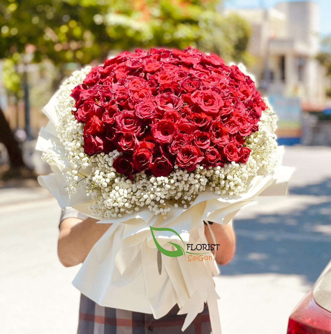 99 red roses and babi breath for Valentines day
