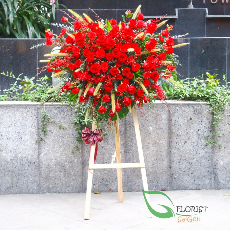 Red flower stand for opening ceremony in Saigon