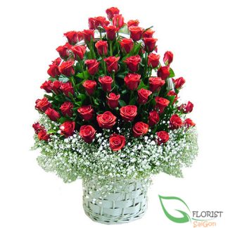 99 red roses arranged with baby's breath