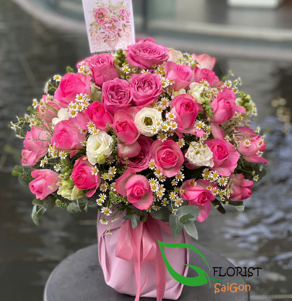Pretty pink rose basket for her