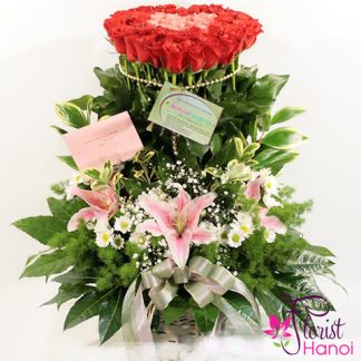 Basket of red rose and lilies