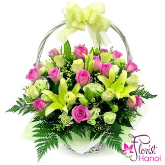 Basket pink roses and lilies