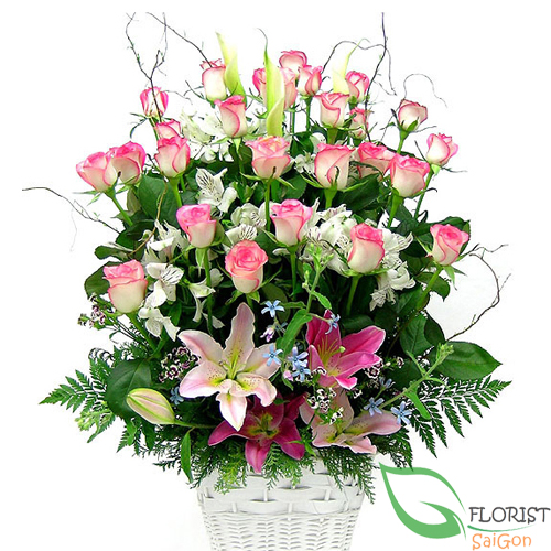 Beautiful pink rose and pink lily arrangement delivery HCMC