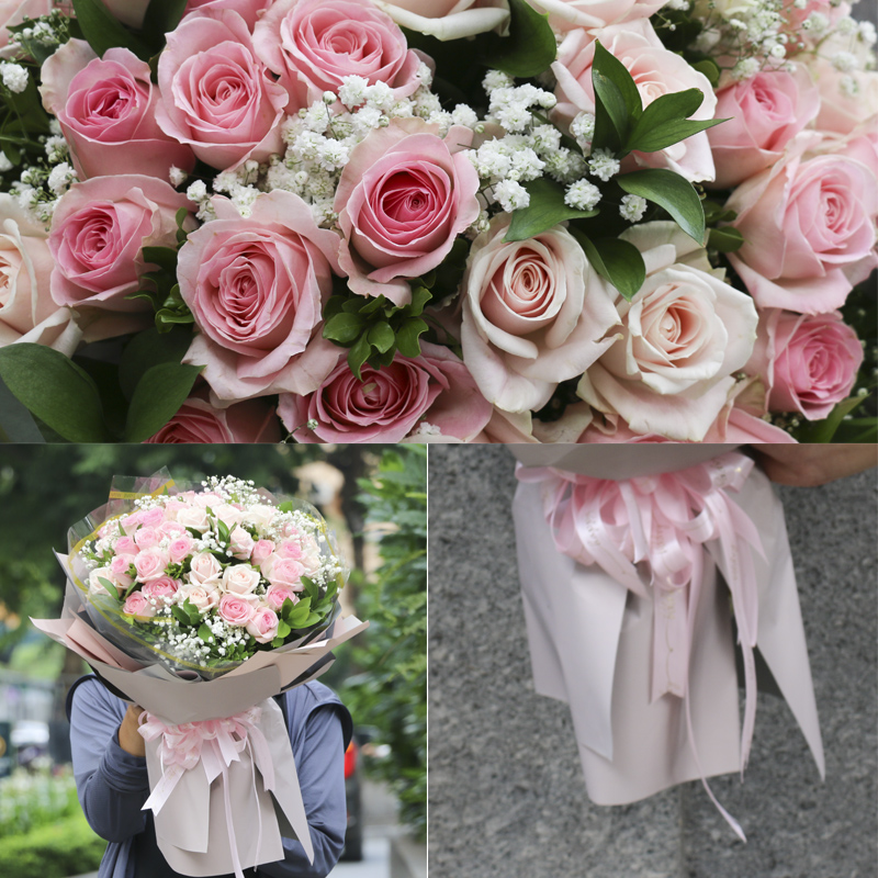 Pink roses and baby breath bouquet