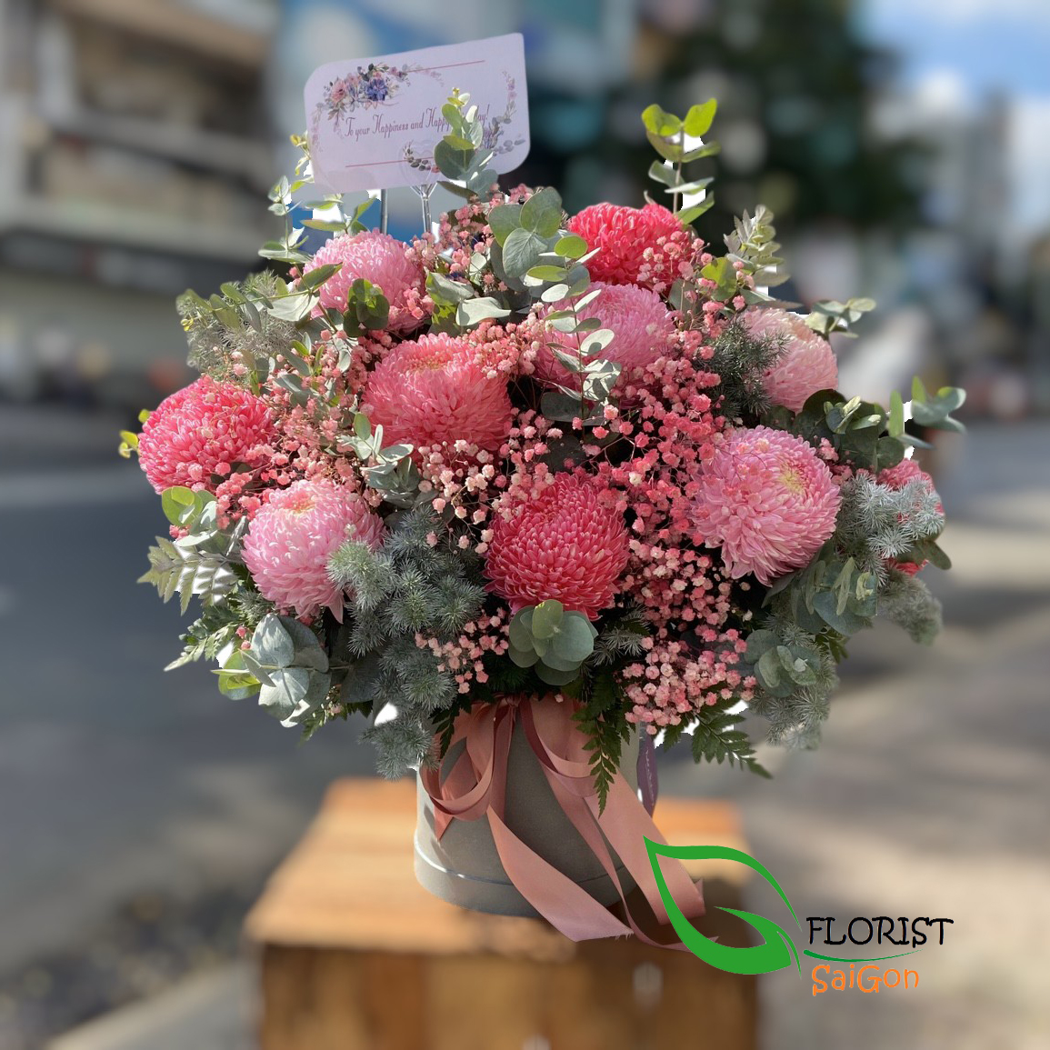 Pink peony chrysanthemum arrangement for Mom