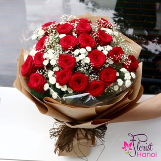 Red roses and baby breath bouquets in Hanoi