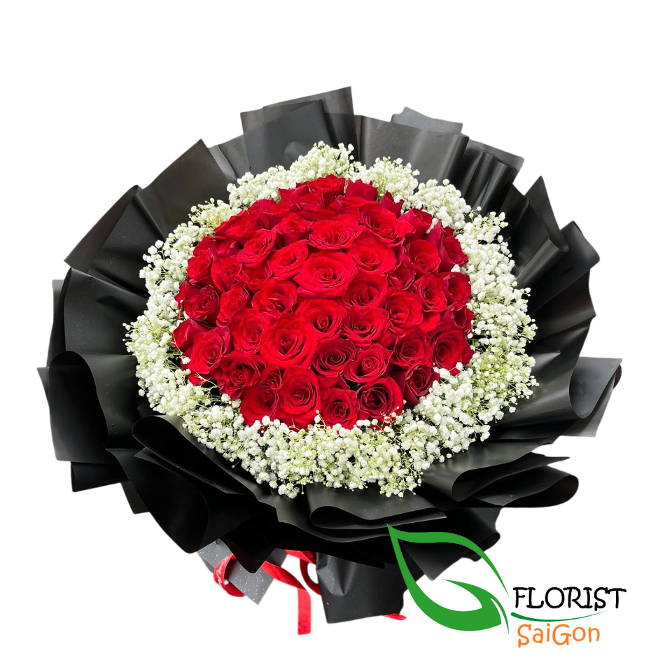 Red rose and white baby breath bouquet delivery Saigon