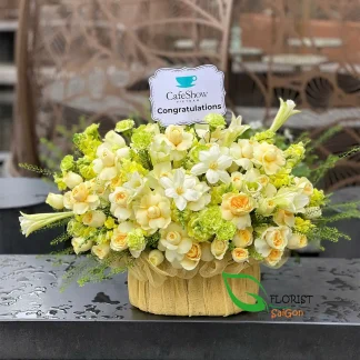 Saigon yellow roses basket with white lilies for congratulations