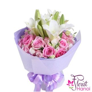 White lily and pink roses bouquet