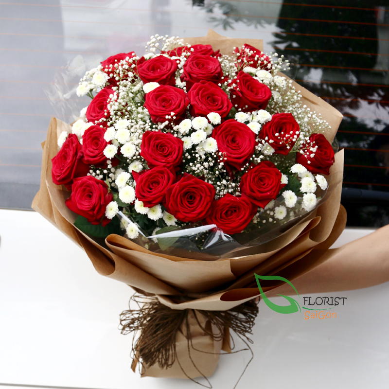 red rose and baby breath bouquet